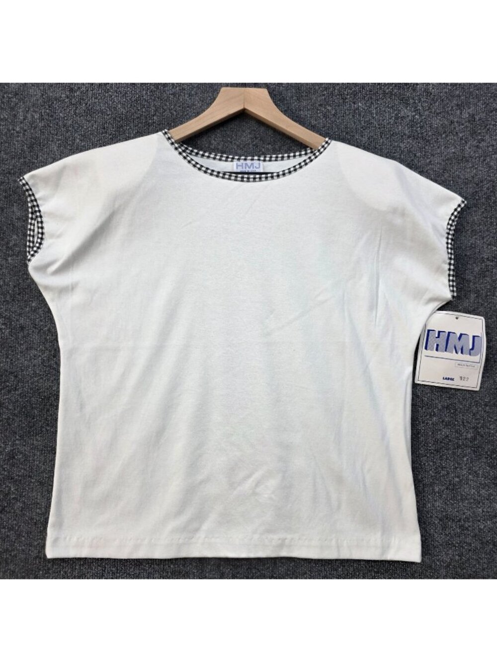 Vintage HMJ Gingham Trim Top L White Casual Retro Capsule Minimalist Deadstock